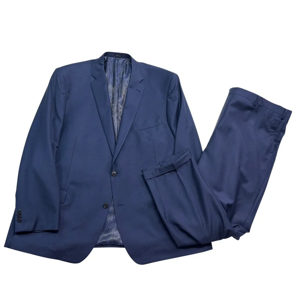 Joseph Abboud 52L 48x32 Navy Blue 2pc Pant Suit Wool Bespoke Flat Front Modern